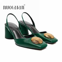 Dress Shoes Green High Heels For Women 2024 Fashion Squared Toe Leather Slingbacks Pumps Elegant Lady Heeled Shoes Autumn Luxury Heels