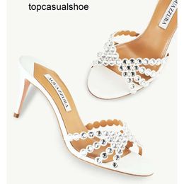 Aquazzura Aura Design Sandals Tequila Modern Shoes Women Mule Nappa Leather Glittery Crystals Across Straps Slip-on Lady Slipper Dress Party Walking EU35-43