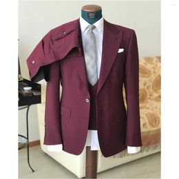 Men's Suits Burgundy Purple For Men Slim Fit 3 Pieces Business One Button Custome Homme Wedding Groom Dress Tuxedo Formal Blazers