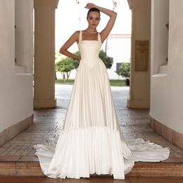 Vintage Ruffled Wedding Dresses Square Neckline Bridal Gowns Sleeveless A Line Long Train Satin Vestido De Novia