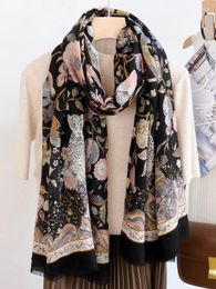 Scarves Birdtree Water-soluble Wool Scarf Print Handmade Edging Elegant Comfortable Retro Shawl 2024 Spring Fall A3D921QD