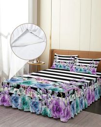 Bed Skirt Succulents Stripes Watercolour Plant Flower Fitted Bedspread With Pillowcases Mattress Cover Bedding Set Sheet