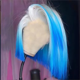 Brazilian Straight Short Bob Wig Transparent Lace Front Wig Blue Human Hair for Women Pre Plucked Remy 360 Lace Frontal Wig Wig 180% Density