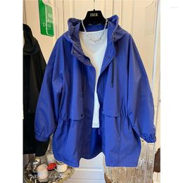Women's Trench Coats Blue Hooded Windbreaker For Women In Spring And Autumn Casual Loose Medium Long Thin Sleeve Coat