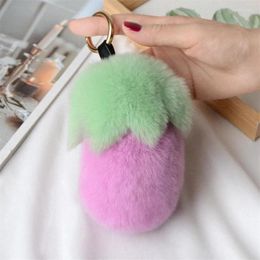 Keychains Women Keyring Real Rex Fur Keychain Pompom Ball Little Eggplant Fluffy Handbag Car Pendant Metal Ring