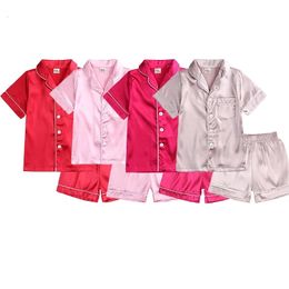 2024 Summer Children Clothes Pajama Set Stain Silk Soft Solid Color Comfortable Kids Girls Boys Pajamas Sleepwear Suit 240122