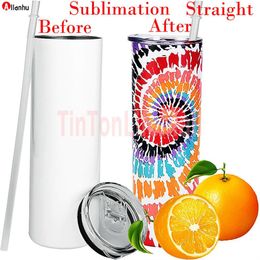 US Stock Sublimation Tumblers 20 Oz Stainless Steel Straight Blank Mugs white Tumbler with Lid and Straw 50pcs carton 20oz T0601x3308o