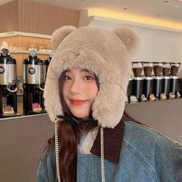 Berets Soft Cute Bear Ear Hat Cycling Skiing Protection Plush Winter Caps Dual Purpose Caps&Bags Women Beanies