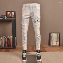 Men's Jeans Summer Thin Light Grey Ripped Fashion Brand Slim-Fit Stretch Wash To Make Old Splash Paint Scratch Patch Pants