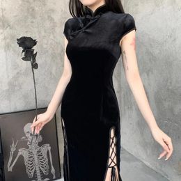 Ethnic Clothing Pure Black Retro Chinese Style Qipao Women's Instagram Summer 2024 Split Slim Fit Beautiful Dress