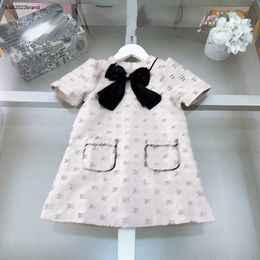 New kids dress Black bow tie girl skirt Size 100-150 Short sleeve denim baby clothes Full print of letter logo child frock Jan20