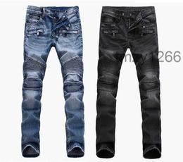 Fashion Men's Foreign Trade Light Blue Black Jeans Pants Motorcycle Biker Men Washing to Do the Old Fold Trousers Casual Runway Denim 0EHE