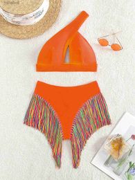 Women's Swimwear Fringe Tassel One Shoulder Female Swimsuit High Waist Bikini Women Swimwear Two-pieces Bikini set Bather Bathing Suit Swim K4999 YQ240124