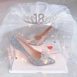 Dress Shoes Shoes for Girls High Heels Rhinestone Elegant Woman Heeled Dress Bridal bow sweet Stiletto Princess style Birthday Gifts Adults