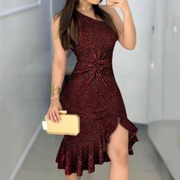 Casual Dresses Summer Elegant Sequined For Women Sexy One Shoulder Cocktail Party Dress Fashion Irregular Sleeveless Split Ruffle