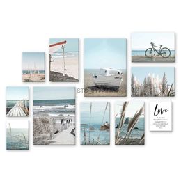 Paintings Nordic Canvas Painting of Ocean Reed Boat Beach Landscapes Seascape Poster Art Print Decorative Elegant Pictures for Living Room