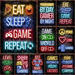 Metal Painting Neon Light Gamepad Metal Tin Sign Game Room Wall Decor Plaque Internet Bar Retro Poster Home Children's Study Iron Sheet Painted