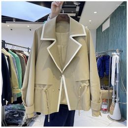 Women's Trench Coats Spring Autumn Contrasting Short Coat For Women Fashion Casual Lapel Double-breasted Drawstring Windbreaker Jacket