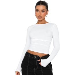 Women Autumn Slim Cropped Tops Solid Colour Round Neck Long Sleeve Show Navel T-Shirt