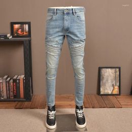 Men's Jeans Blue Old Splicing Fashion Brand Stretch Slim Pants High-End Motorcycle Street Straight Casual