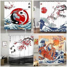 Shower Curtains Japanese Style Shower Curtain Koi Fish Cherry Blossom Sun Sea Wave Octopus Landscape Polyester Fabric Curtains Bathroom Decor