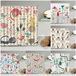 Shower Curtains Cartoon Hand-Painted Animal Shower Curtain Cat Bird Rabbit Plant Flower Child Bathroom Decor With Hook Hanging Screen Washable