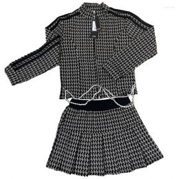 Work Dresses Autumn Women Skirt Suits High-end Custom Diamonds Chain Retro Plaid Short Jacket And Mini Pleated Two Piece Set