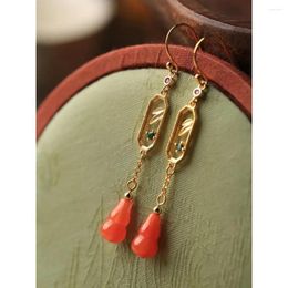 Stud Earrings Chinese Ethnic Style South Red Agate Gourd Long Tassel 925 Sterling Silver Female Temperament Court Eardrops