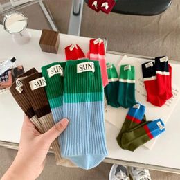 Women Socks Cotton Colored Korean Version Contrast Skateboard Fashion Middle Tube High Top Pile Up