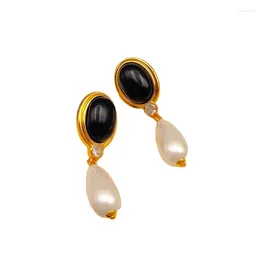 Dangle Earrings French Retro Hong Kong Feng Shui Drop Pearl Advanced Sense Black Glass Exquisite Fashion Personalised Earrings.