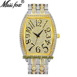 MISSFOX Eternity V319 Hip Hop Mens Watch With CZ Diamond Inlay, Gold Dial, Quartz Movement, Iced Out Man Made Diamonds, Alloy Case, And Two