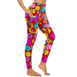 Women's Leggings Hippie Flowers Sexy Vintage Print Workout Gym Yoga Pants High Waist Stretchy Sports Tights With Pockets Novelty Graphic