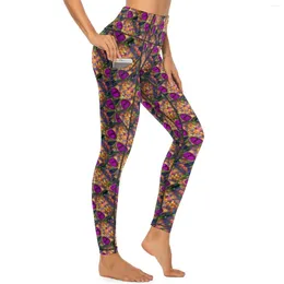 Women's Leggings Purple Sugar Skull Sexy Zombie Dead Print Work Out Yoga Pants High Waist Elastic Sport Legging Pockets Aesthetic