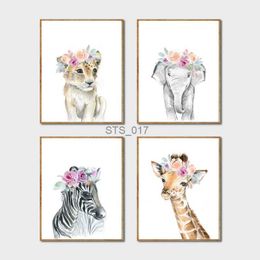 Paintings Animals Floral Crown Art Decor Canvas Painting Baby Girl Prints Animal Giraffe Elephant Lion Wall Art Picture Nursery Poster