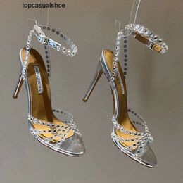 Aquazzura Aura Sandals Shoes New Tequila Season Designer 100% Real Leather 105 Sparkling Party Italy Clear Pvc Crystals Stiletto Heel Wedding