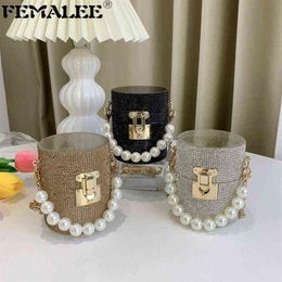 New Designer Trending Purses And Handbags Women Rhinestone Diamond Bucket Bag Evening Bridal Party Pearl Chains Lipstick Clutch Y23301