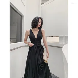 Ethnic Clothing Women Evening Dress Skirt Female Banquet Ladies Temperament Small Gift Usually Wear Black Deep V-neck Long