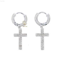 High Quality Fine Jewelry 14k Gold Two Row Real Natural Diamond Cross Hoop Earrings for Men Women