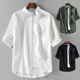 Men's Casual Shirts Spring And Summer Stand Collar Five-Point Mid-Sleeve Fashionable Short-Sleeved Shirt Seven-Point Sleeve Large Size