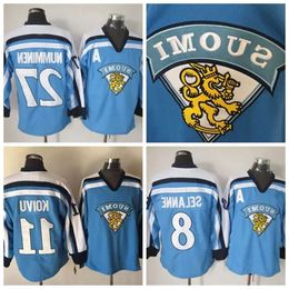 Mens Vintage 11 SAKU KOIVU 1998 Team Finland Hockey Jerseys SUOMI 27 TEPPO NUMMINEN 8 TEEMU SELANNE Light Blue Jersey M-X Hig