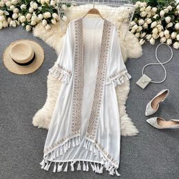 Women's Trench Coats Retro Embroidery Sun Protection Shirt Women Summer Casual Loose Streetwear Chiffon Long Cardigan 2024