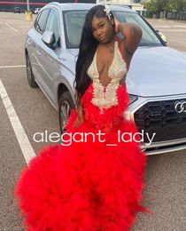 Red Sparkly African Mermaid Prom Ceremony Dresses for Women Luxury Diamond Crystal Ruffles Black Girl Evening Party Gown