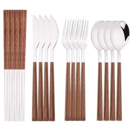 Camp Kitchen 4/12/16Pcs Silver Cutlery Set Chopsticks Knife Fork Spoon Imitation Wooden Handle Korean Dinnerware Set Luxury Tableware Set YQ240123