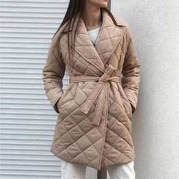 Women's Down Women Long Straight Winter Coats Solid Rhombus Pattern Casual Sashes Parkas Pockets Tailored Collar Ladies Stylish Outerwear