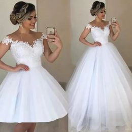 2 in 1 Elegant A-Line Wedding Dresses With Detachable Lace Beads Tulle Skirt Sheer Cap Sleeves Lace Bridal Dress Vestido de Noiva BC12783