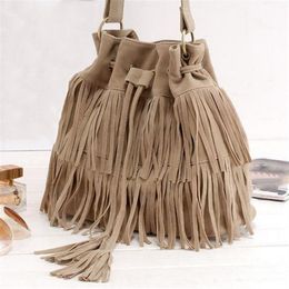 New Fashion 2017 Suede Drawstring Bucket Bag Women Handbag Faux Fringe Tassel Shoulder Crossbody Messenger Bag Boho Style 3 colors280z