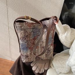 Evening Bags Brand Designer PU And Nylon Floral Print Women's Shoulder Bag Retro Crossbody Bucket Handbag