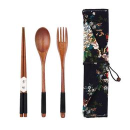 Camp Kitchen Portable Wood Tableware Wooden Cutlery Sets Travel Dinnerware Suit Environmental with Cloth Pack Gifts set YQ240123