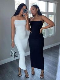 Casual Dresses 2024 Autumn Winter Women Solid White Black Strap Midi Dress Bodycon Sexy Streetwear Party Club Elegant Fashion Clothes