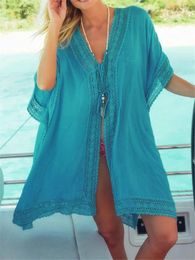 Women's Swimwear Cardigan Beach Cover Ups For Swimsuit Women Solid Knited Flower V-neck Tunicas Verano 2024 Ladies Tunic Kimonos Mujer